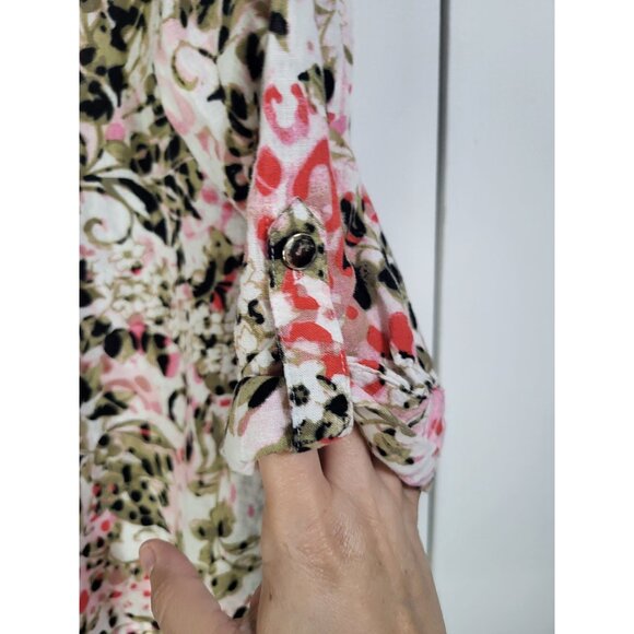 CORAL BAY Women';s LG Linen Blend Floral Button Up Blouse Top Roll Tab Sleeve - Picture 8 of 9